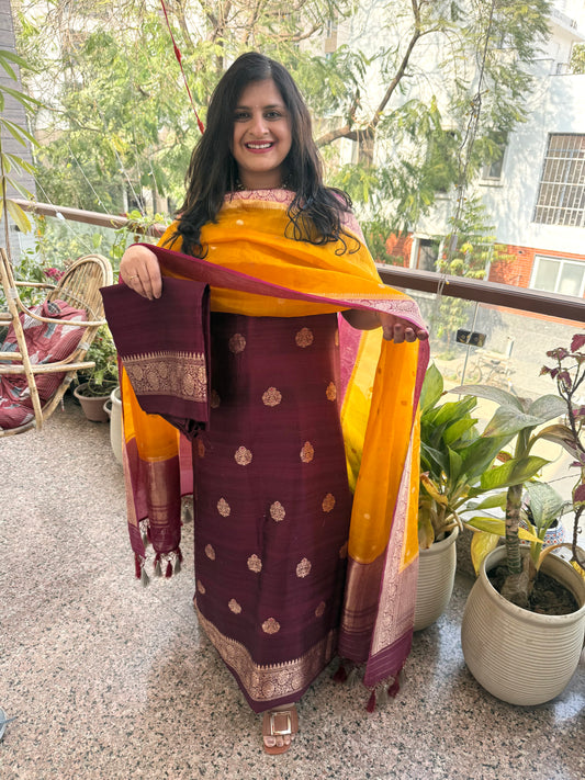 Maroon raw silk certified handloom banarsi meenakari kadwa booti with woven zari three piece suit