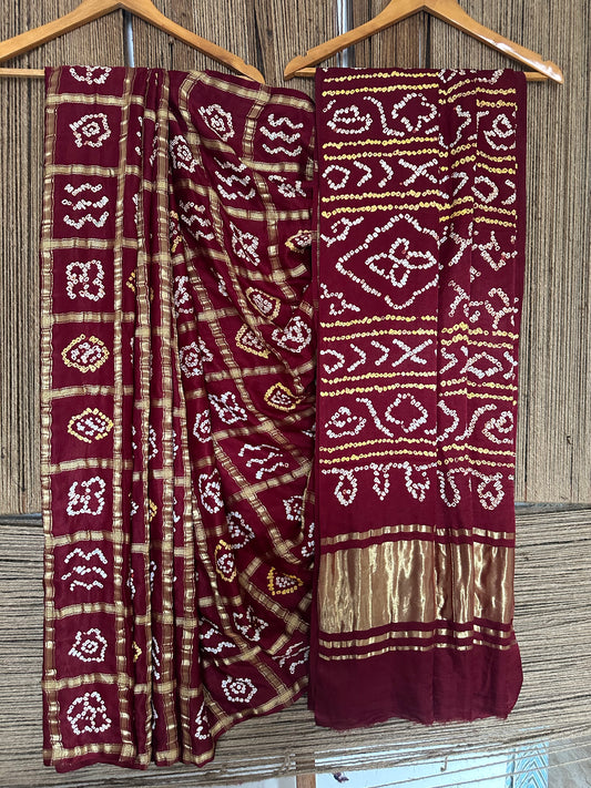 Brunt maroon gajji silk rai bandhani gharchola sari bs-36