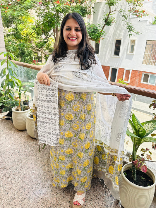 GREY MUSTARD LINEN COTTON HANDBLOCK SUIT SET