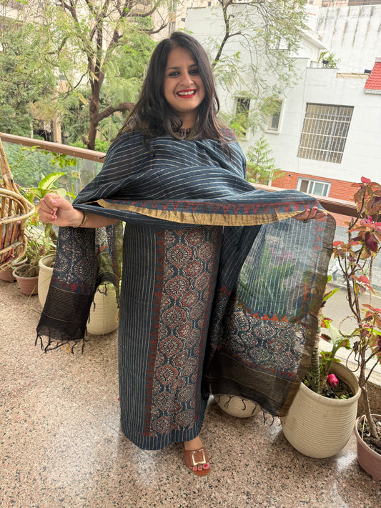 Indigo blue ajrakh butta linen silk handblock suit set