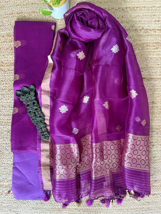 Violet purple kora silk certified handloom banarsi kadwa booti three piece suit cbs-58