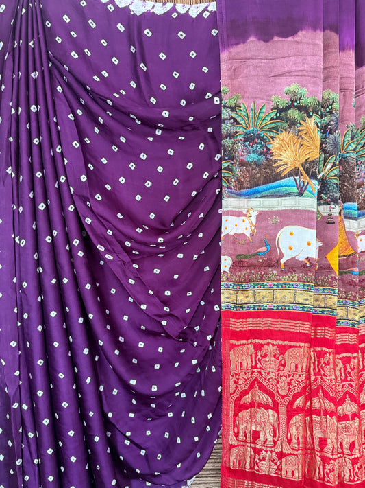 Purple modal silkbandhani handcrafted with pichwai print sari in nakshi elephant border bps 25