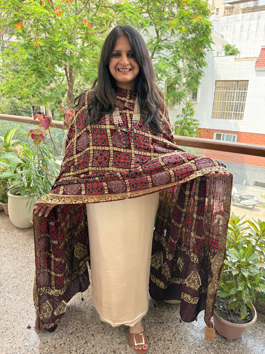 Ivory brown solid modal silk suit with ajrakh gharchola handcrafted modal silk dupatta