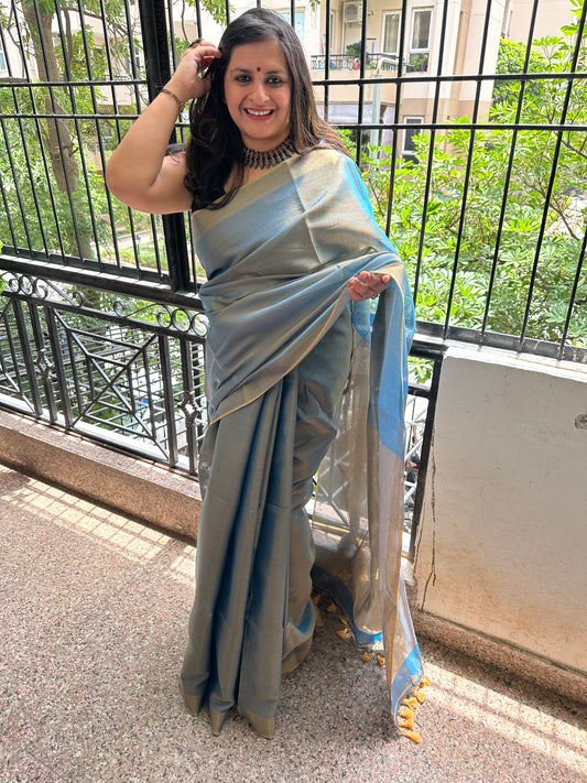 BLUE COPPER TISSUE LINEN ZARI SARI WITH WOVEN RED BORDER TL-12