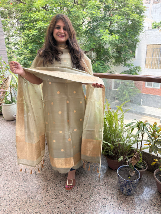 Muted sage green kora silk certified handloom banarsi kadwa booti three piece suit