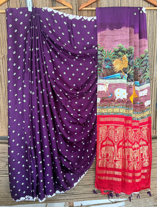 Purple modal silkbandhani handcrafted with pichwai print sari in nakshi elephant border bps 25