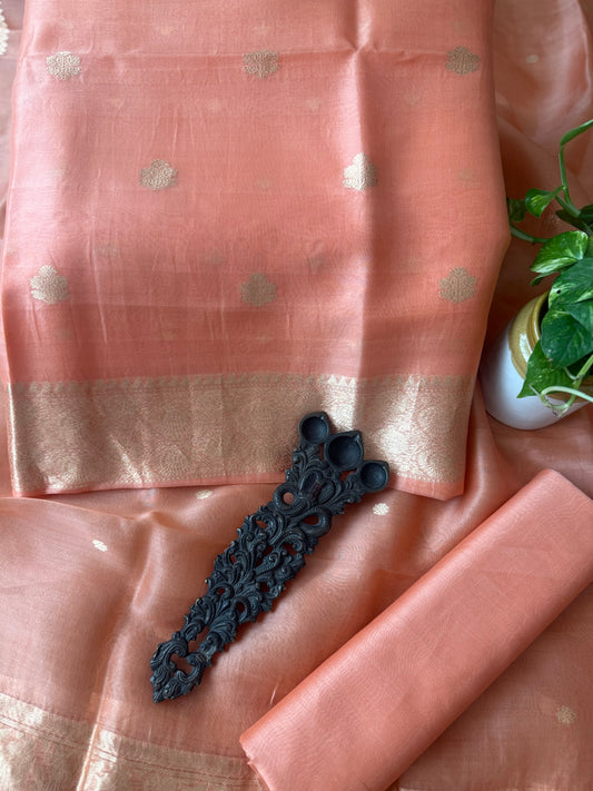Creamy Peach Kora Silk Certified Handloom Banarsi Kadwa Booti Three Piece Suit