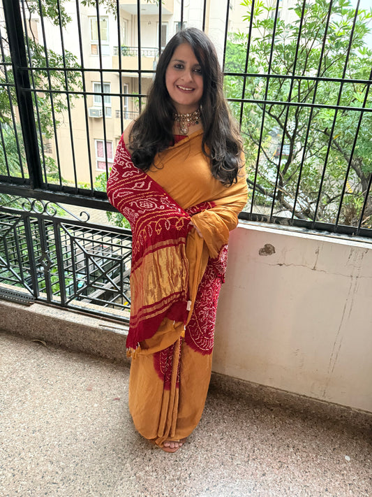Golden & maroon gajji silk rai bandhani chakra theme gajji sari