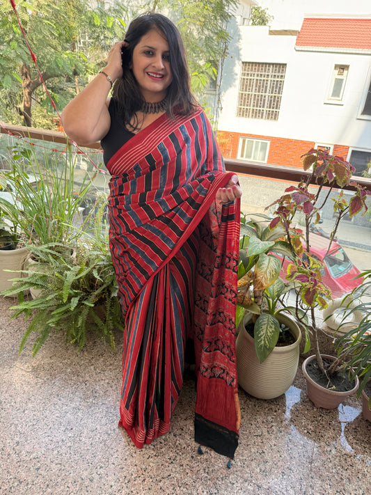 Maroon ajrakh modal silk sari with zari palla