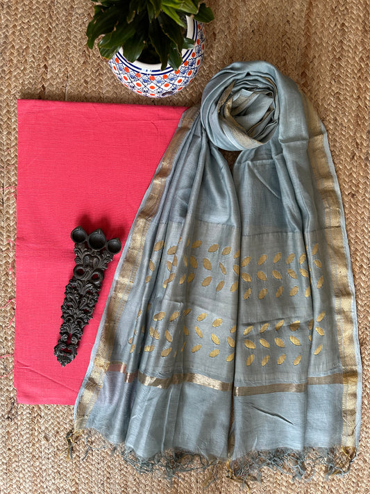 Peach pink cotton handblock kurta with applique dupatta set