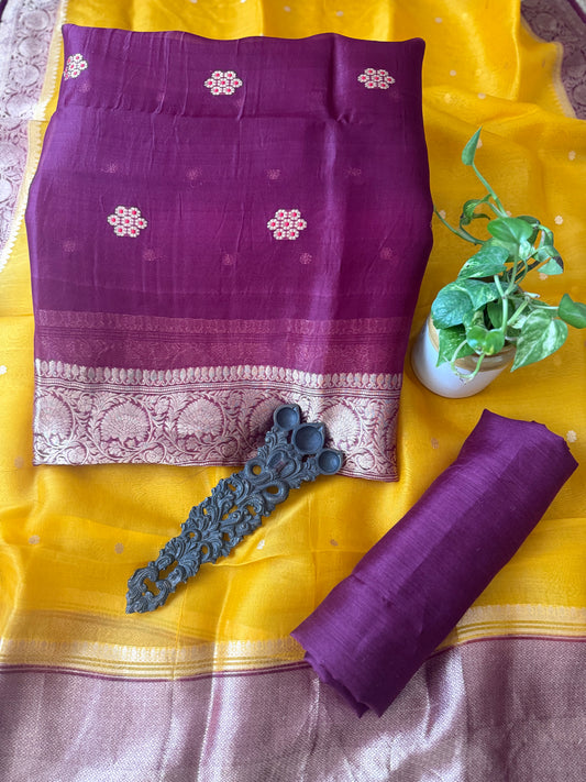 WINE MAROON KORA SILK CERTIFIED HANDLOOM BANARSI KADWA BUTTI WITH WOVEN ZARI THREE PIECE SUIT