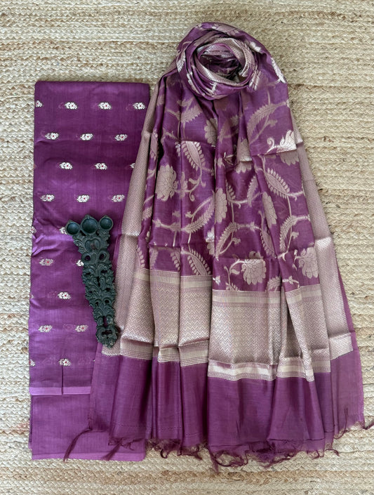 Orchid Purple chanderi handloom banarsi booti three piece suit
