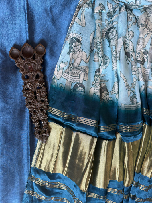 Blue solid mashru silk kurta with patola pichwai handcrafted modalsilk dupatta ps-276