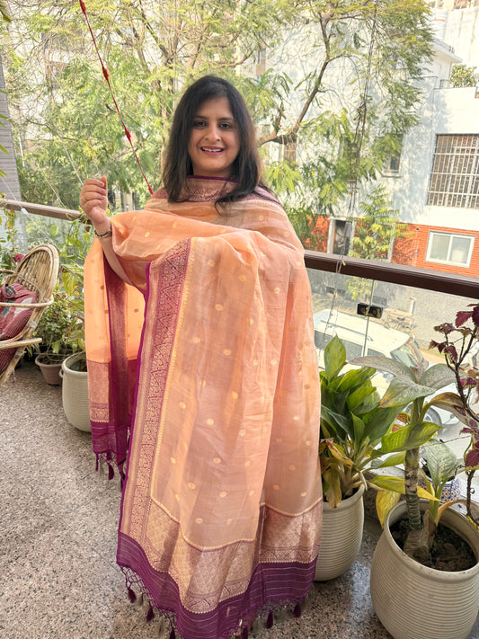 Purple raw silk certified handloom banarsi meenakari kadwa booti with woven zari three piece suit