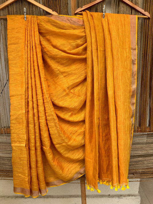 Orange yellow metallic linen sari with woven border