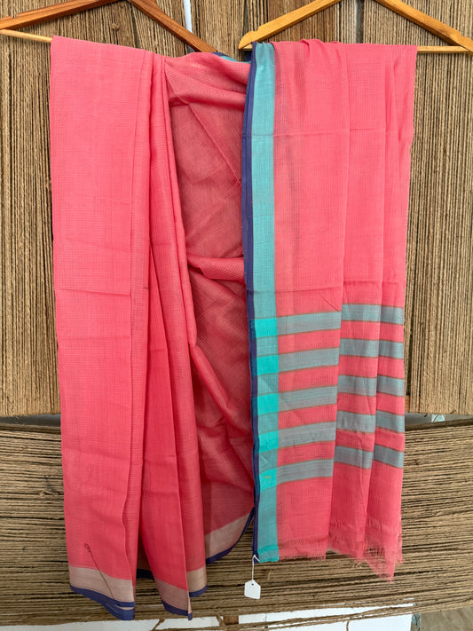 Peach pink kota doria handloom handblock sari