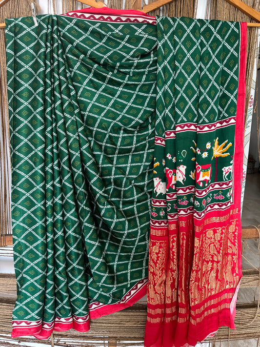 Green pichwai modal silk patola print sari with zari border pms- 1045
