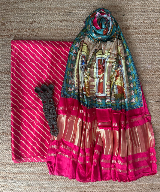 Pink three dot mashru silk kurta with patola pichwai handcrafted modalsilk dupatta