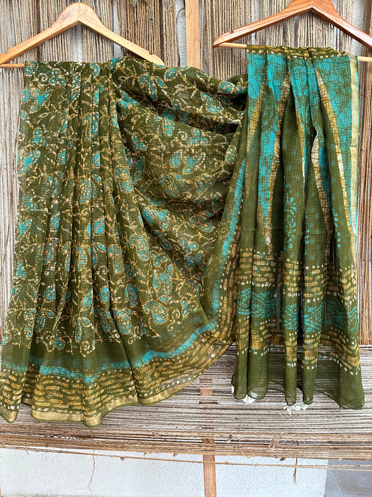 Green kota doria handblock sari