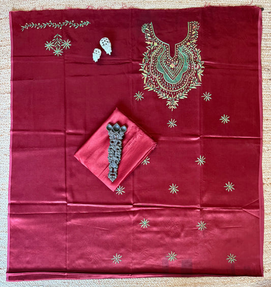 Maroon mashru silk hand embroidery kashmiri handembroidery sozni work cord set cs- 30