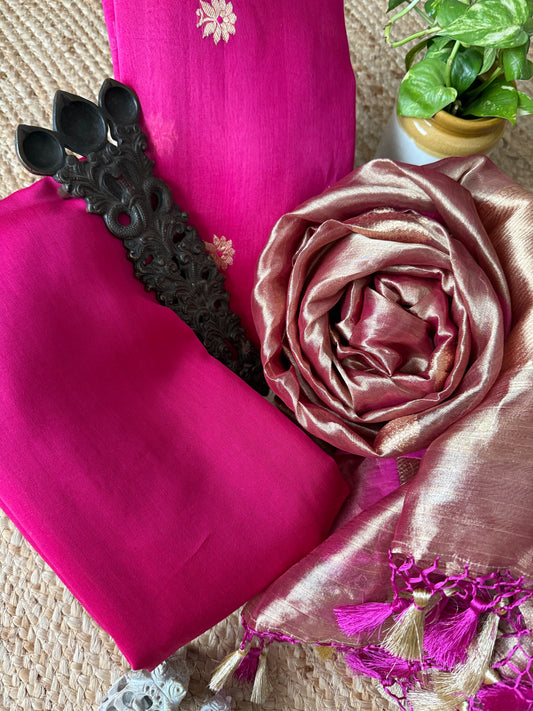 Fuchsia Pink Kora Silk Certified Handloom Banarsi Kadwa Booti Three Piece Suit