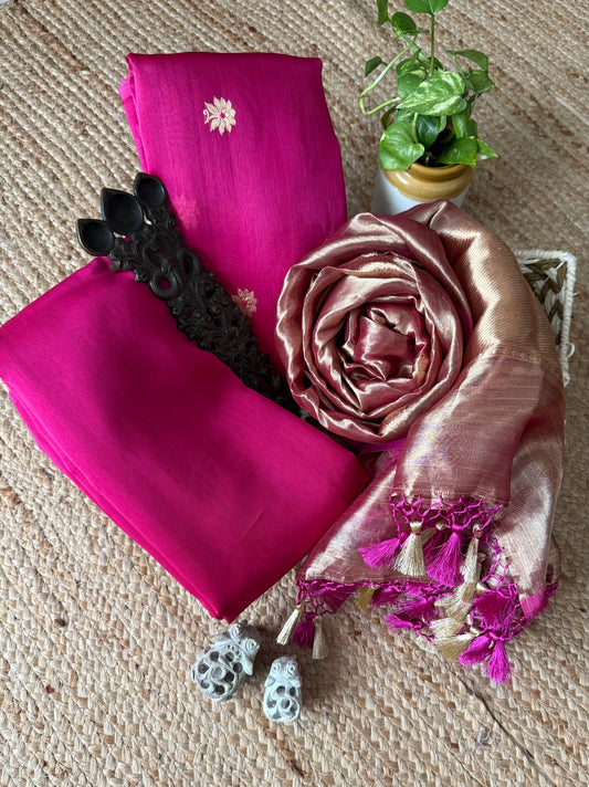 Fuchsia Pink Kora Silk Certified Handloom Banarsi Kadwa Booti Three Piece Suit