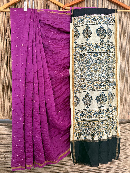 Bright purple chanderi silk bandhani handcrafted ajrakh sari