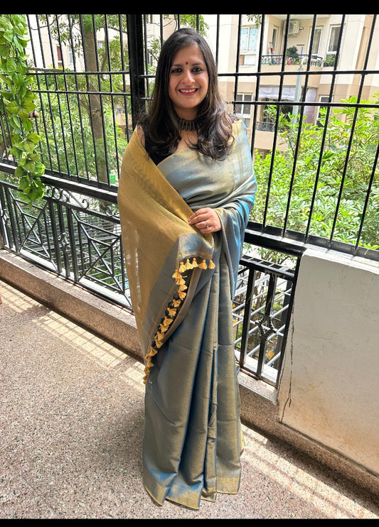 BLUE COPPER TISSUE LINEN ZARI SARI WITH WOVEN RED BORDER TL-12