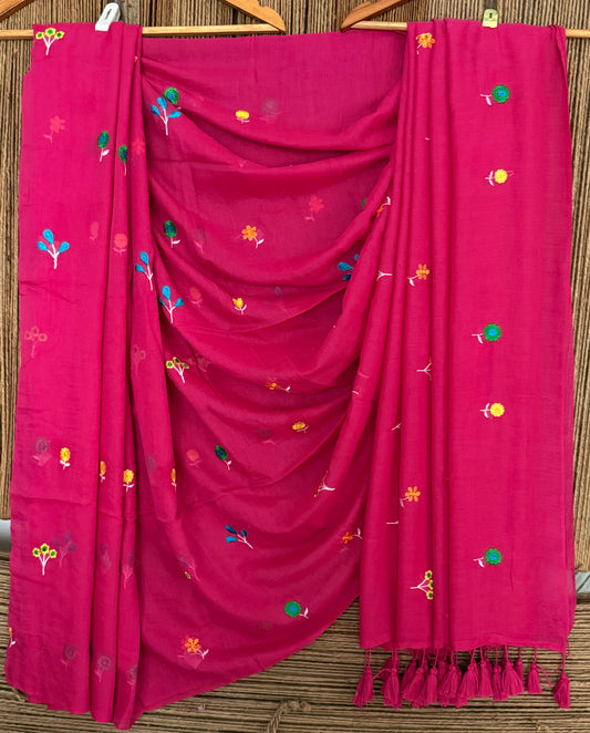 Hot pink mull embroidery handloom sari with tassels
