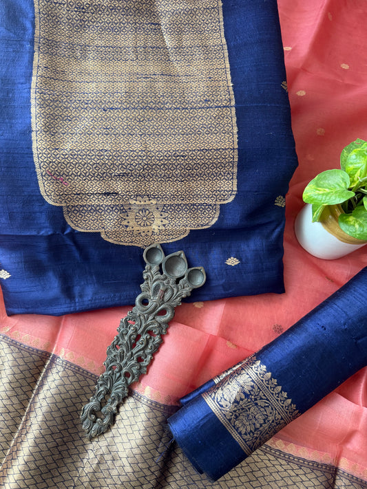 Deep royal navy blue raw silk certified handloom banarsi kadwa butti with woven zari three piece suit