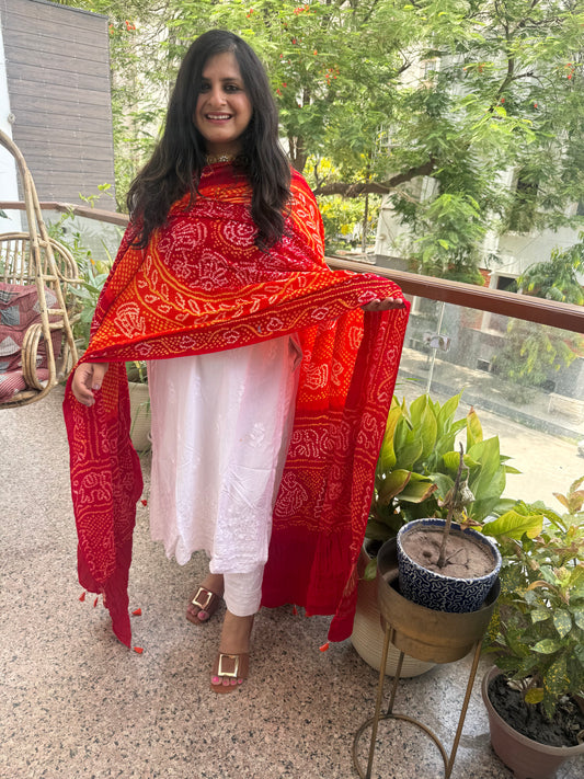 Red & orange handwoven handcrafted gajji silk chandmukhi dupatta