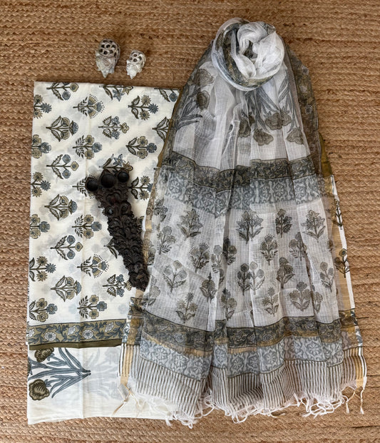 WHITE COTTON HANDBLOCK SUIT SET