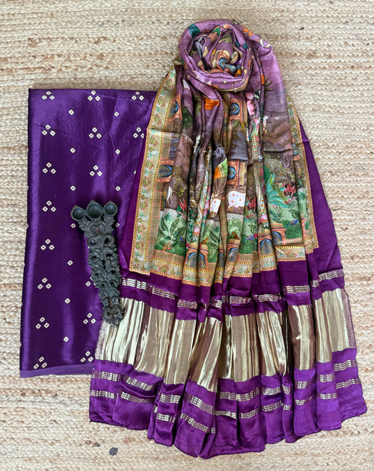 Purple mashru silk kurta with patola handcrafted modal silk dupatta