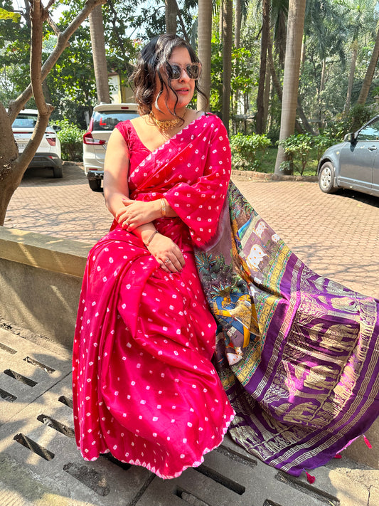 Magenta pink modal silk bandhani sari with pichwai print bps