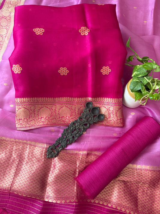 HOT PINK KORA SILK CERTIFIED HANDLOOM BANARSI KADWA BUTTI WITH WOVEN ZARI THREE PIECE SUIT