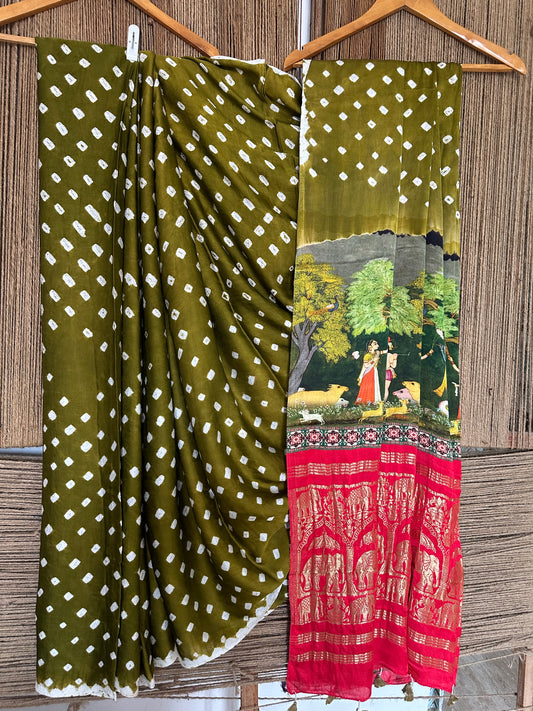 Mehendi green modal silk bandhani sari with pichwai print bps 30