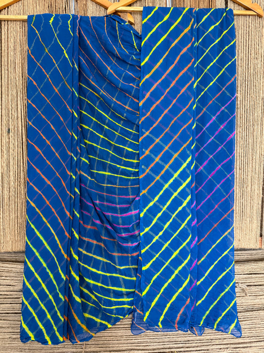 Peacock blue multi leheriya handcrafted chiffon sari