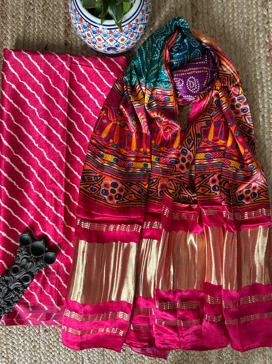 Pink leheriya mashru silk kurta with patola handcrafted modal silk dupatta ps-68