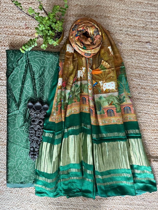Green mashru silk kurta with patola handcrafted modal silk dupatta ps-212