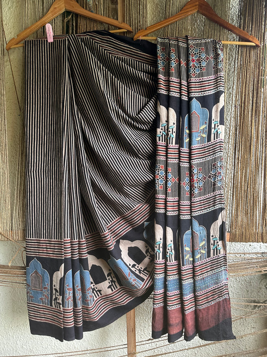 Black with brown green cotton ajrakh handembroidery sari