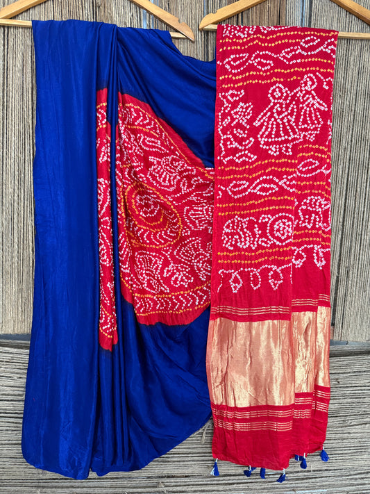 Ink blue & red gajji silk rai bandhani chakra theme gajji sari