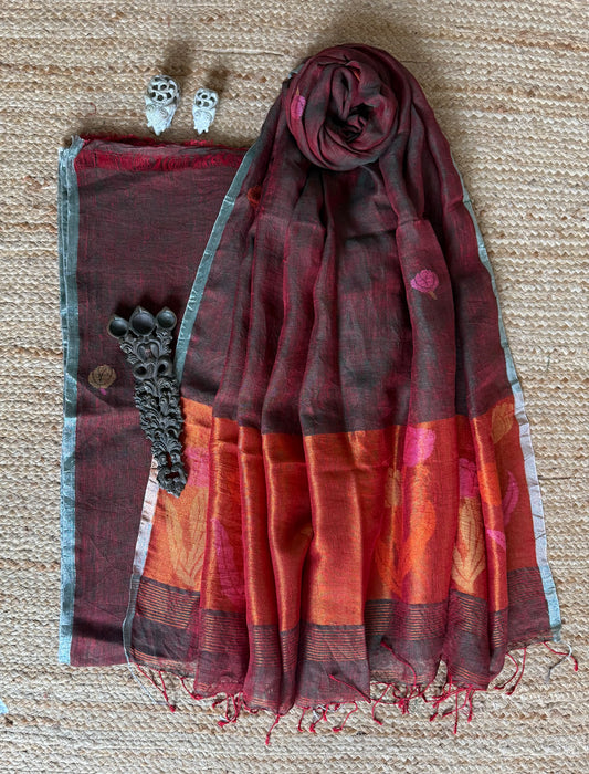 Greenish maroon dual shade jamdani linen kurta set ljs-302
