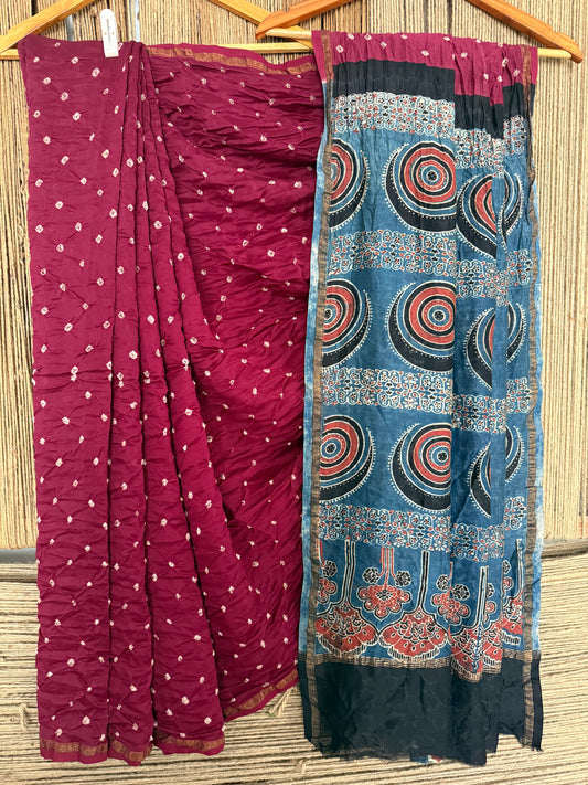 Maroon chanderi silk bandhani handcrafted ajrakh sari