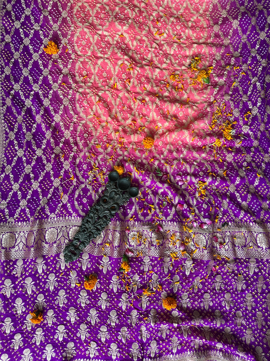 Light pink & purple dual shade handwoven neem zari bareek bandhani saree with khaddi georgette bs- 7