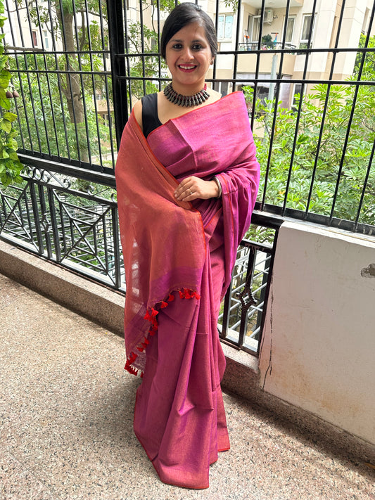 PURPLE PINK SILVER TISSUE LINEN ZARI SARI WITH WOVEN RED BORDER TL-21