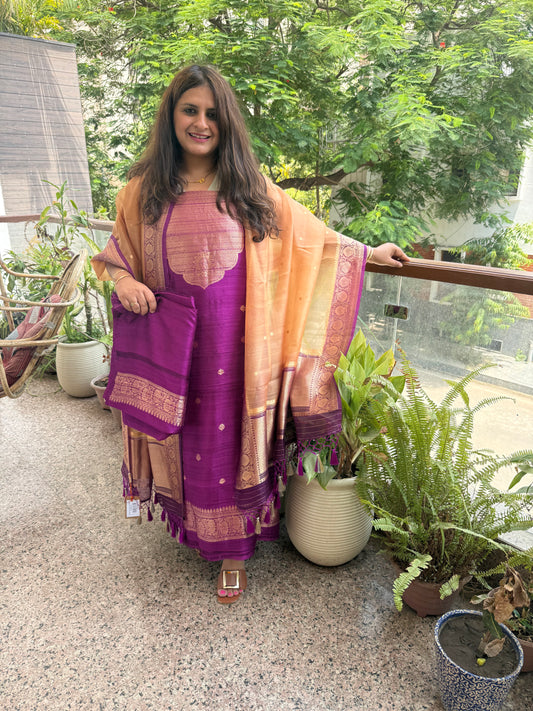 Magenta purple raw silk certified handloom banarsi kadwa butti with woven zari three piece suit