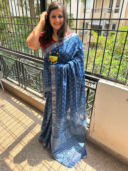 Indigo akola linen zari woven handblock sari