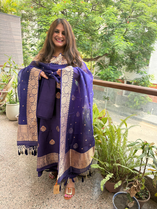 Midnight purple munga silk meenakari certified handloom banarsi kadwa booti three piece suit