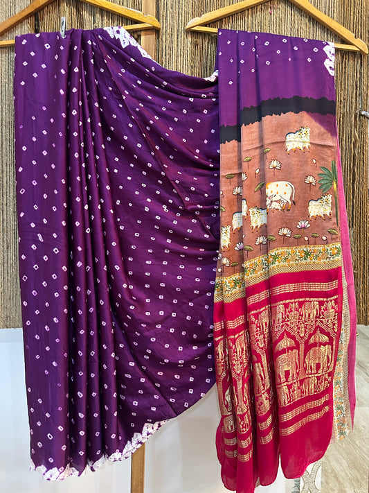 Purple modal silkbandhani handcrafted with pichwai print sari in nakshi elephant border bps 26