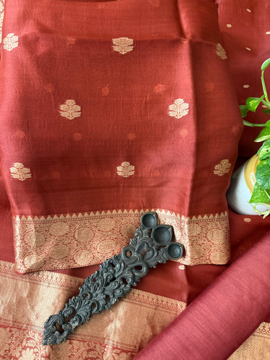 Maroon Burgundy Kora Silk Certified Handloom Banarsi Kadwa Booti Three Piece Suit